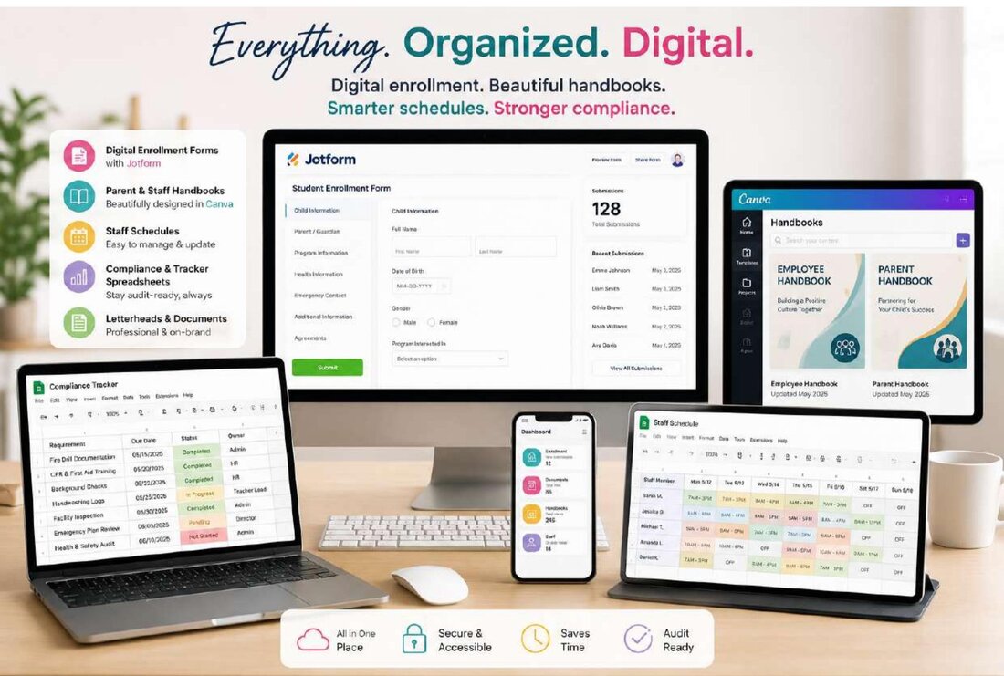 Digital enrollment forms, Canva handbooks, staff schedules, and compliance trackers we build and manage for childcare centers