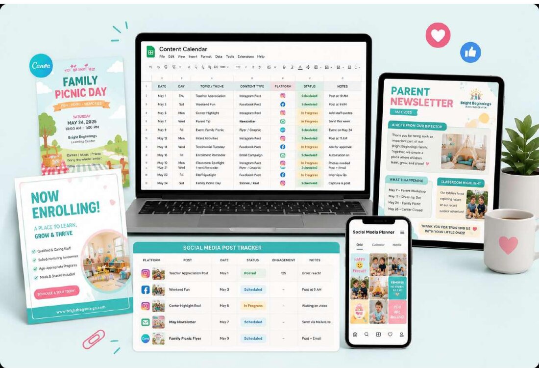 Content calendars, Canva flyers, parent newsletters, and social media planning we manage for childcare centers